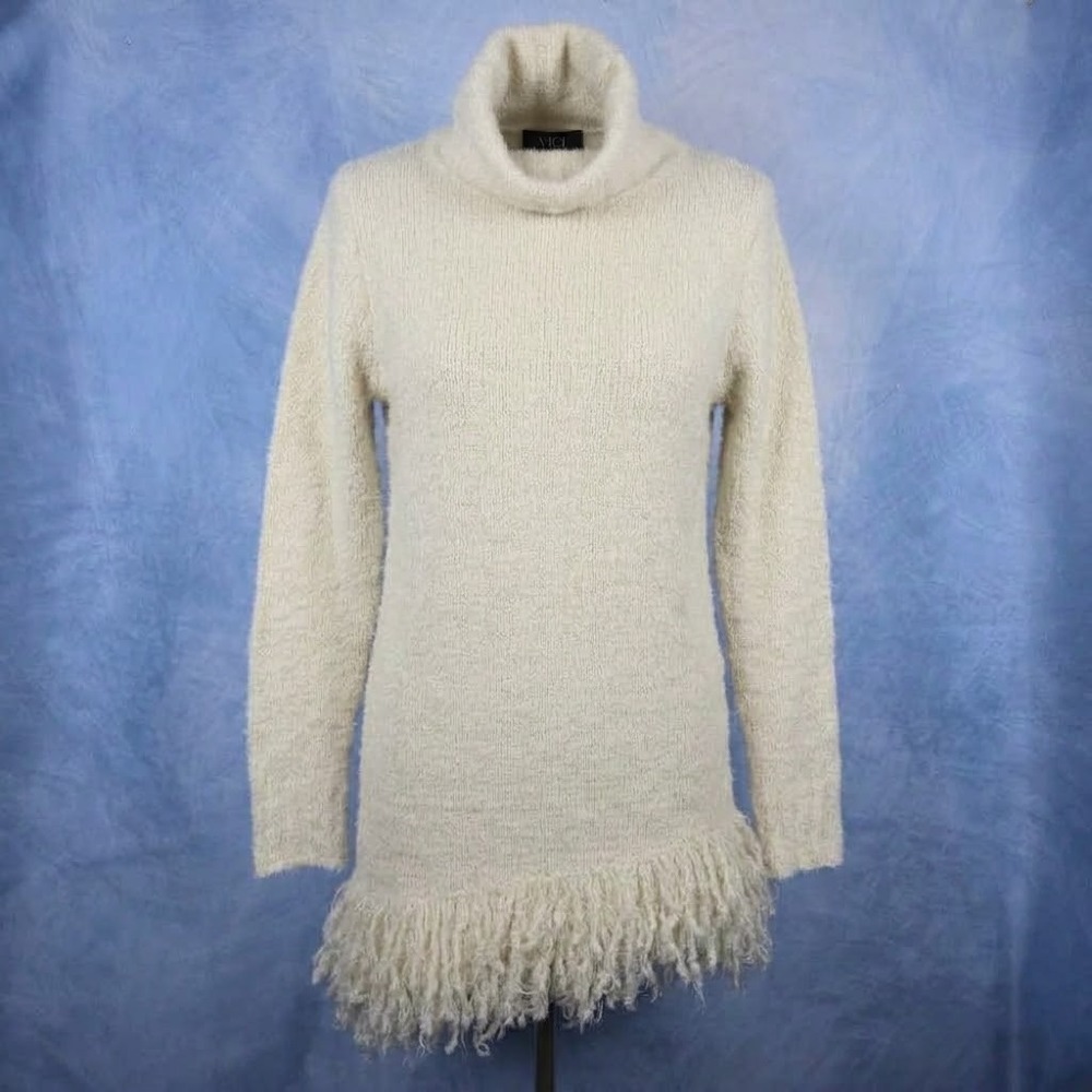 Vici Collection Cream Turtleneck Sweater Dress Asymmetrical Fringe Hem Small